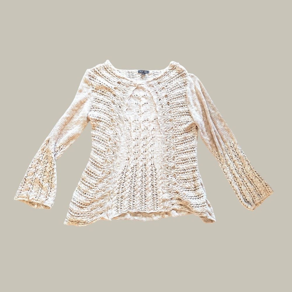 Roz & Ali Beige Tan Open Knit Cotton Cable Pointelle Sweater XL